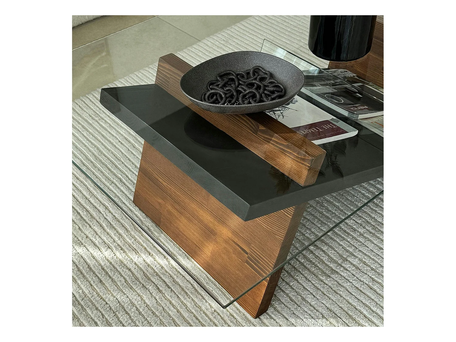 Table basse verre et bois brun - fonction porte-revues LHASA