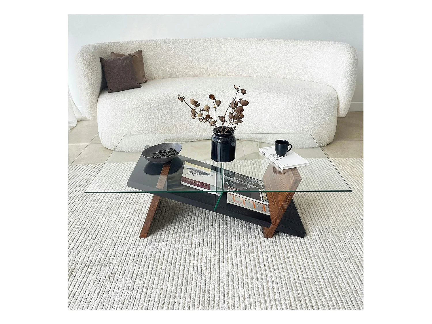 Table basse verre et bois brun - fonction porte-revues LHASA