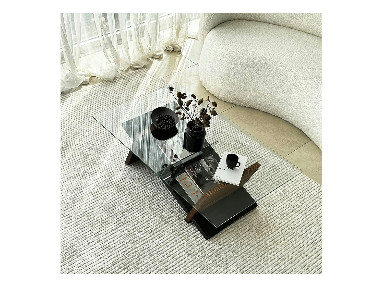 Table basse verre et bois brun - fonction porte-revues LHASA