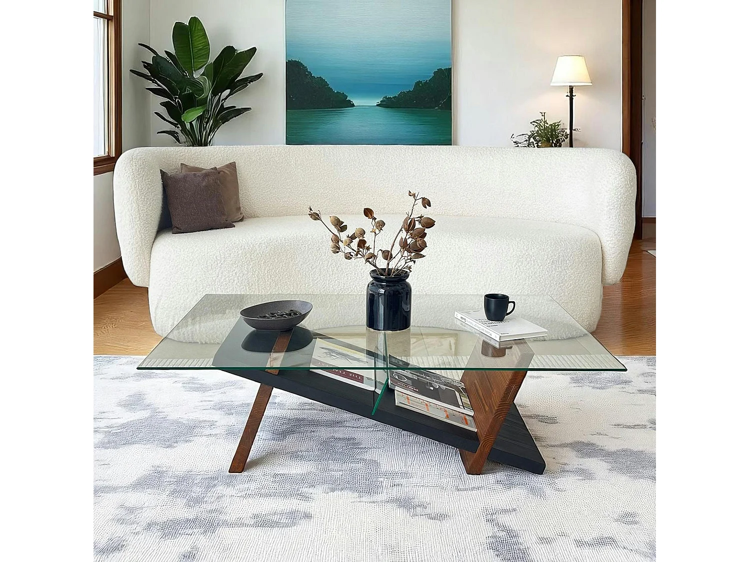 Table basse verre et bois brun - fonction porte-revues LHASA