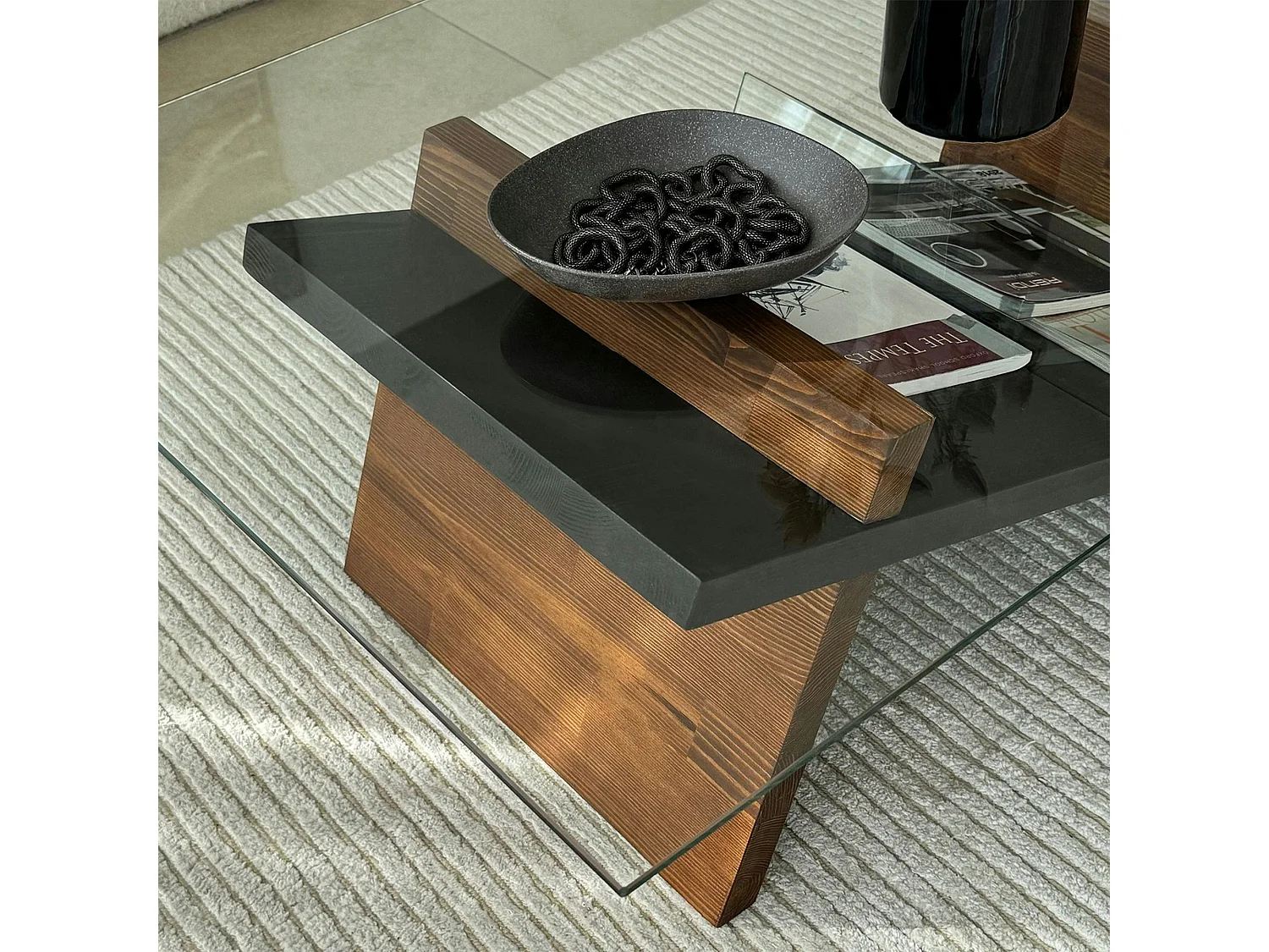 Table basse verre et bois brun - fonction porte-revues LHASA