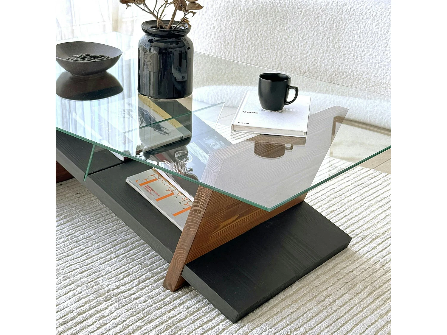 Table basse verre et bois brun - fonction porte-revues LHASA