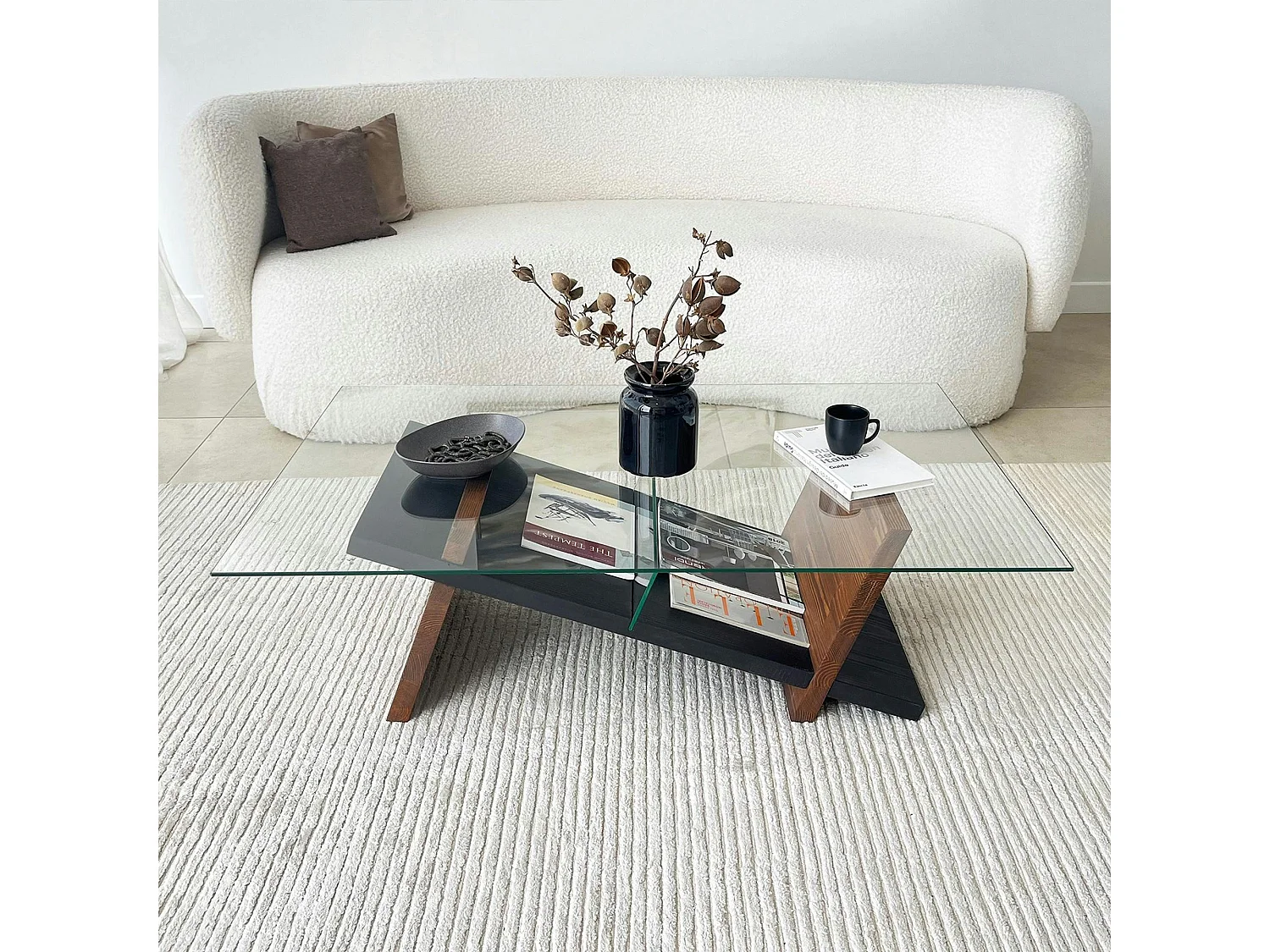 Table basse verre et bois brun - fonction porte-revues LHASA