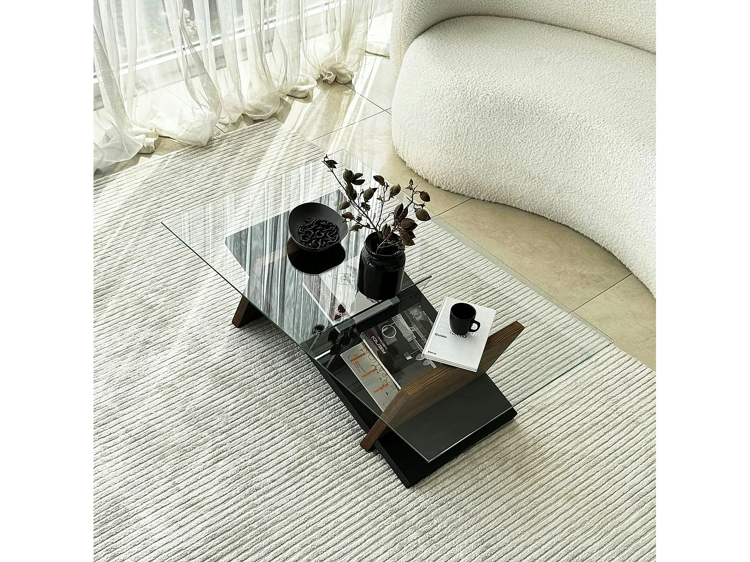 Table basse verre et bois brun - fonction porte-revues LHASA