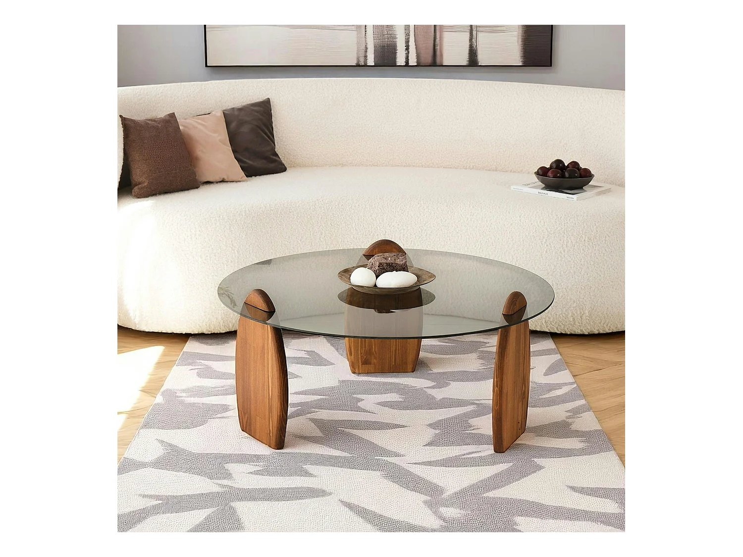 Table basse ronde en verre fumé - 3 pieds bois brun ANZIO