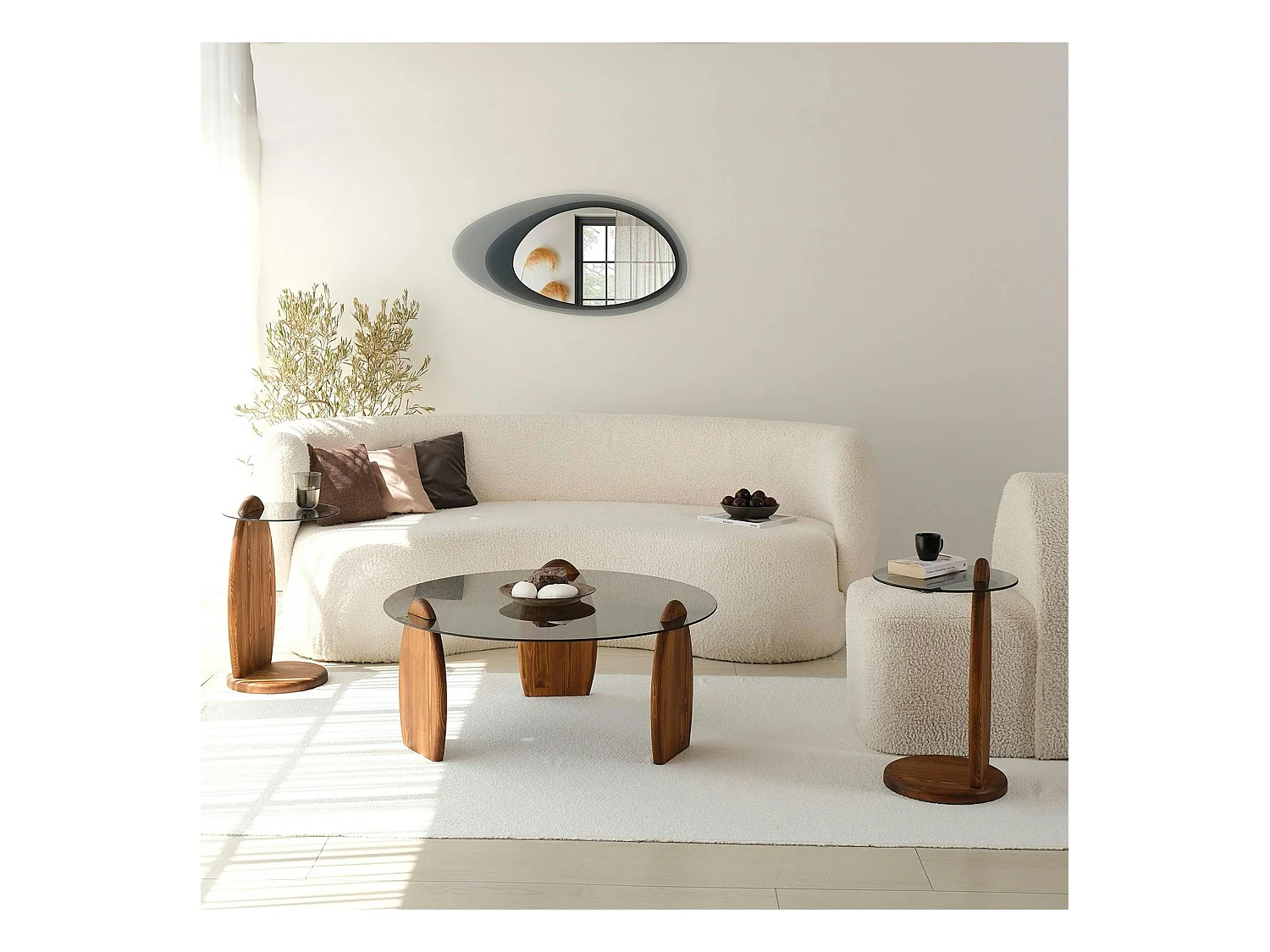 Table basse ronde en verre fumé - 3 pieds bois brun ANZIO