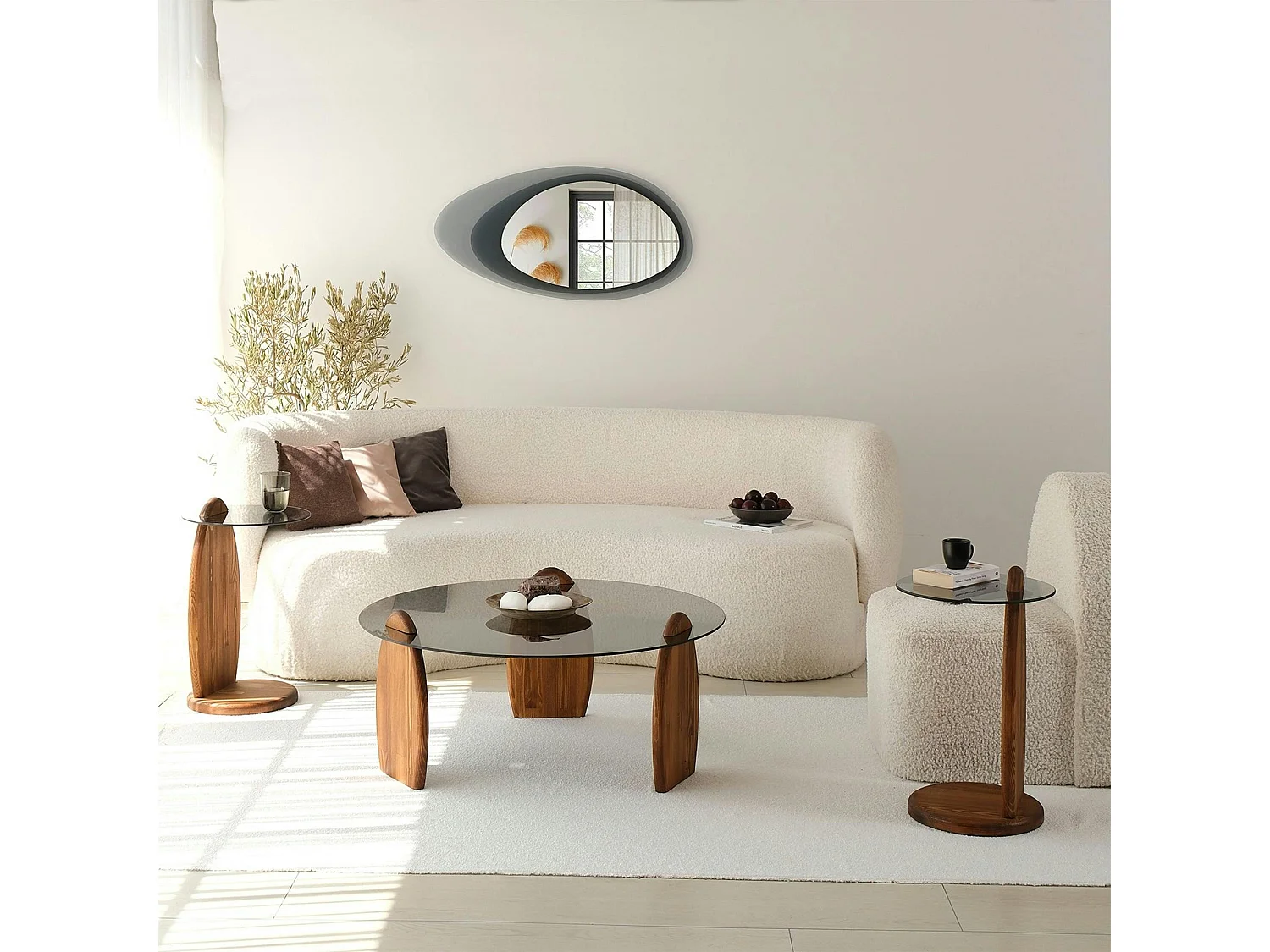 Table basse ronde en verre fumé - 3 pieds bois brun ANZIO