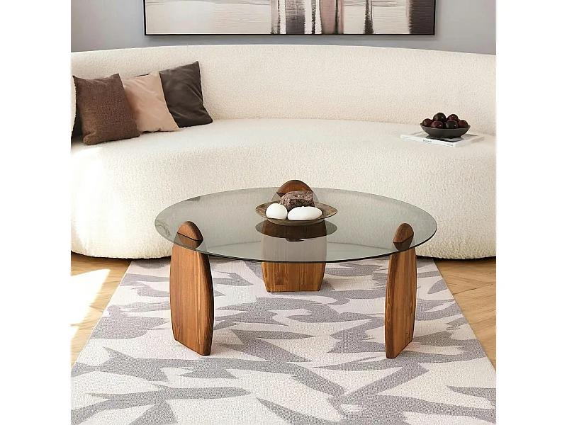 Table basse ronde en verre fumé - 3 pieds bois brun ANZIO