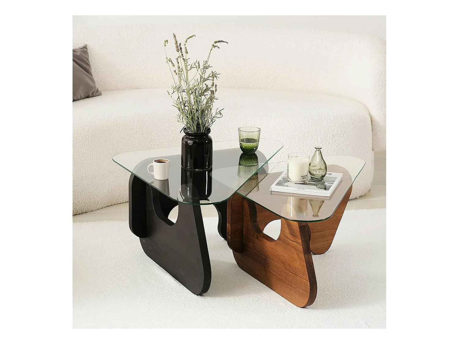 Table basse gigogne verre - 2 bois, triangle (lot de 2) ANZIO