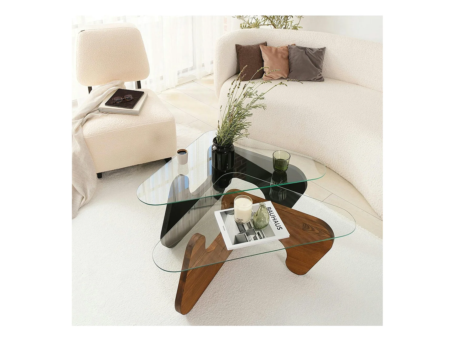 Table basse gigogne verre - 2 bois, triangle (lot de 2) ANZIO