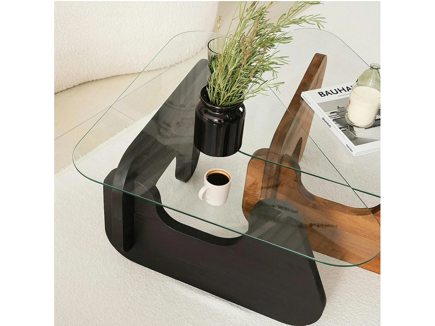 Table basse gigogne verre - 2 bois, triangle (lot de 2) ANZIO