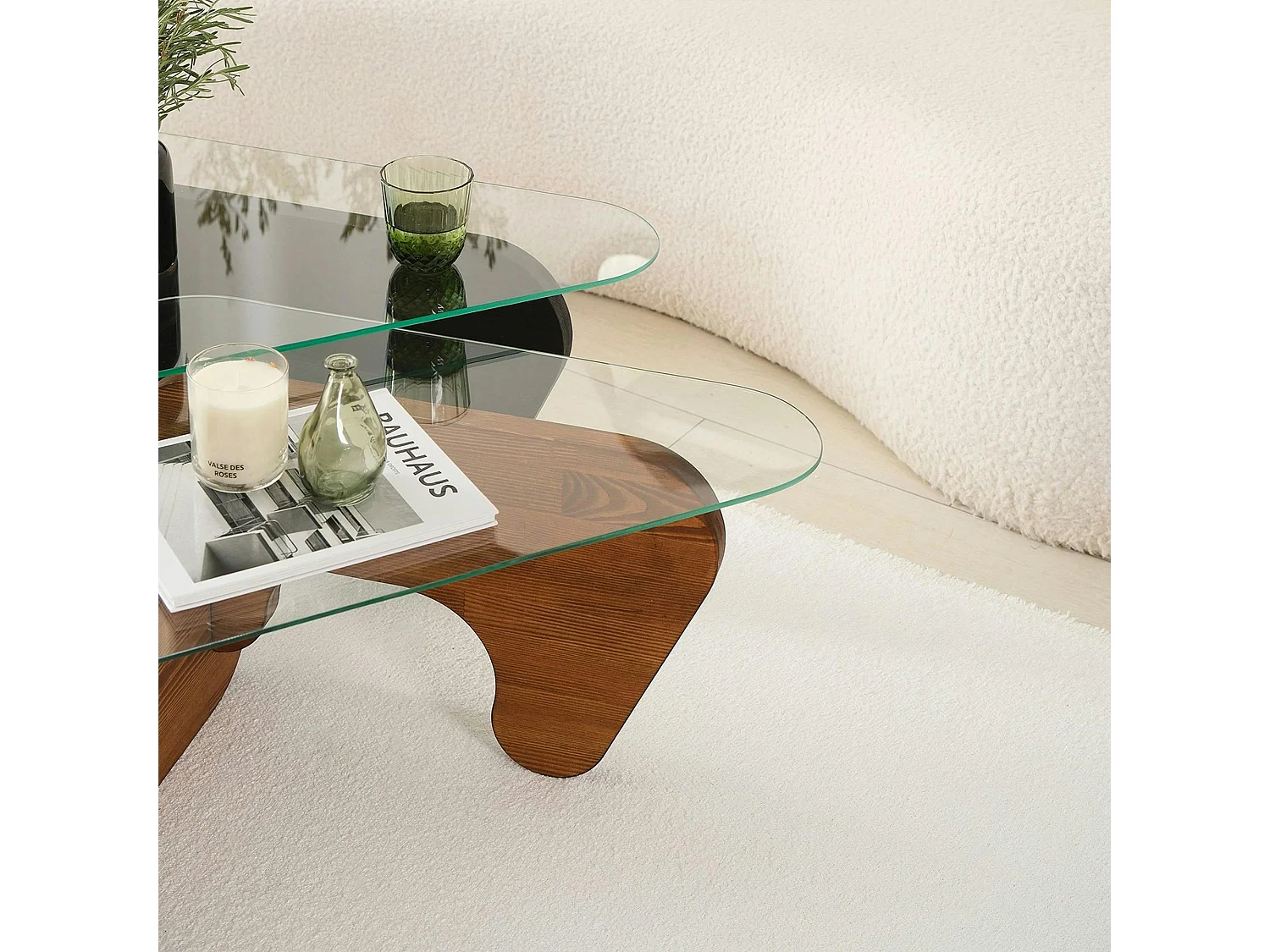 Table basse gigogne verre - 2 bois, triangle (lot de 2) ANZIO