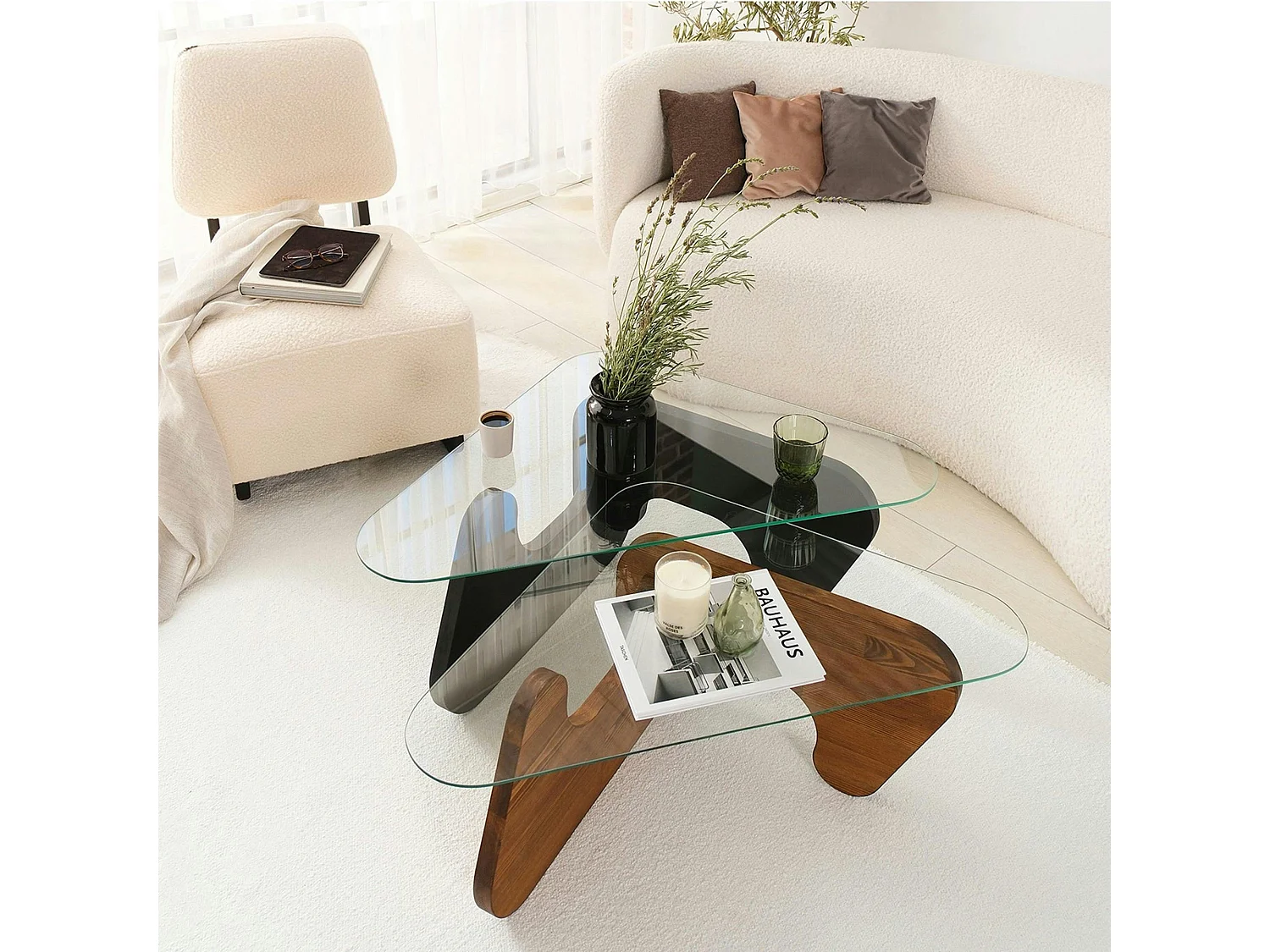 Table basse gigogne verre - 2 bois, triangle (lot de 2) ANZIO