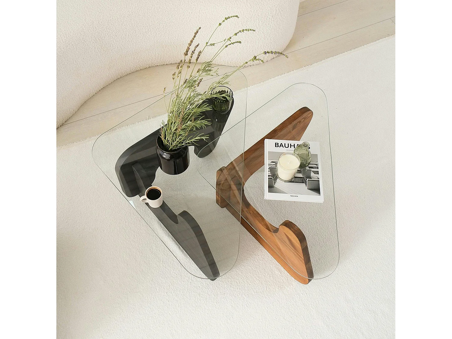 Table basse gigogne verre - 2 bois, triangle (lot de 2) ANZIO