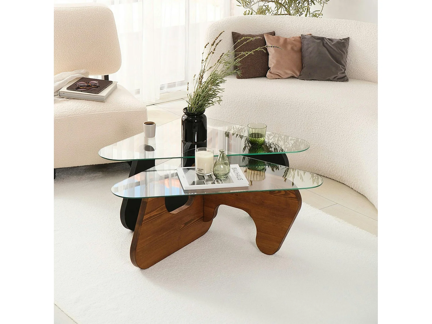 Table basse gigogne verre - 2 bois, triangle (lot de 2) ANZIO