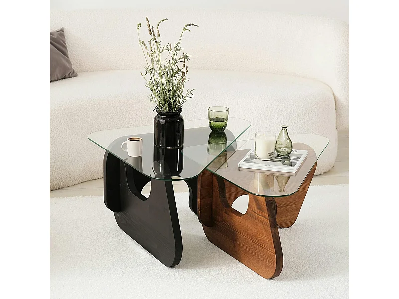 Table basse gigogne verre - 2 bois, triangle (lot de 2) ANZIO