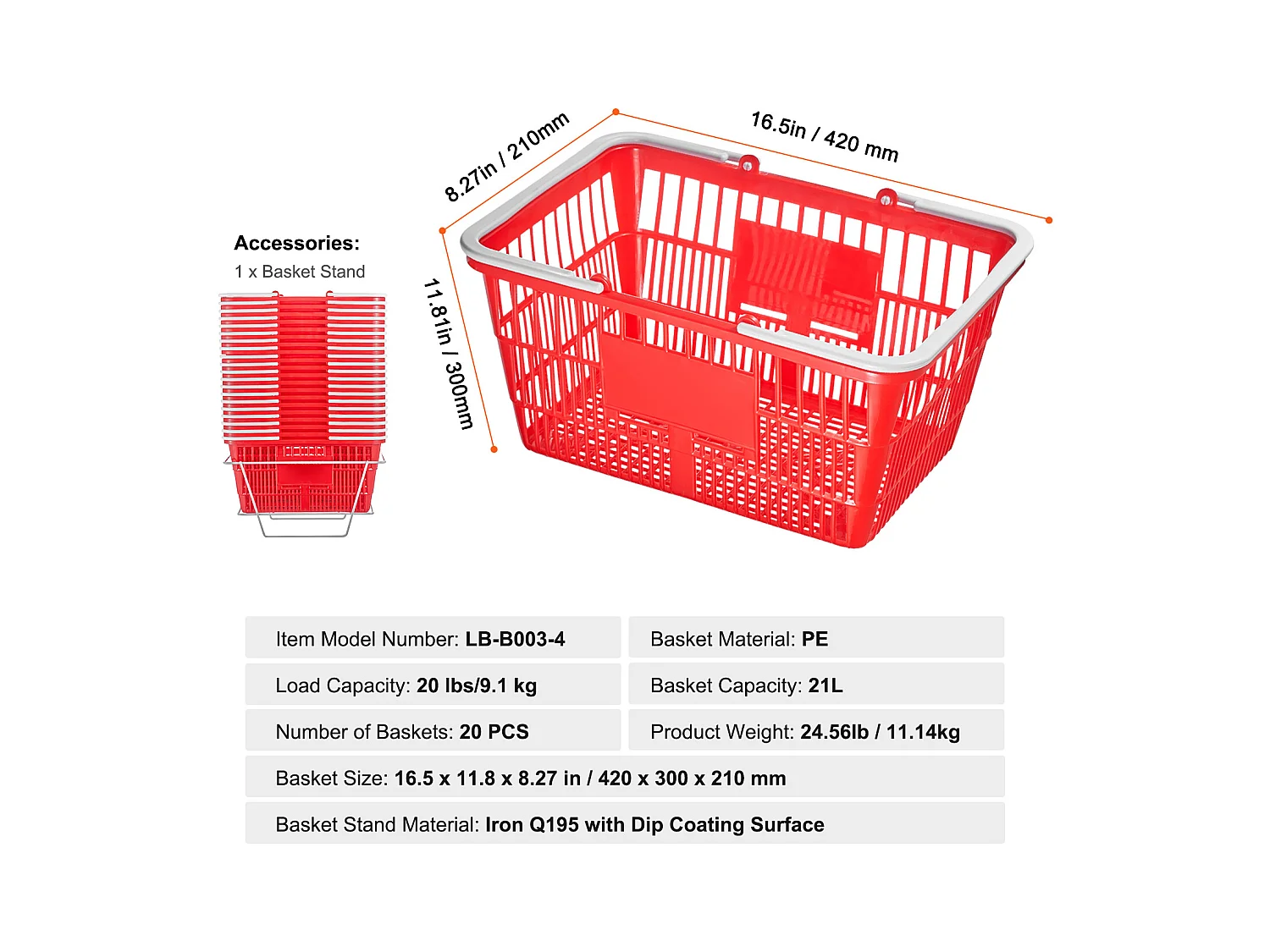 Panier à Provisions SucceBuy Portable, 20 Pièces, 21 L Rouge avec Poignée et Support