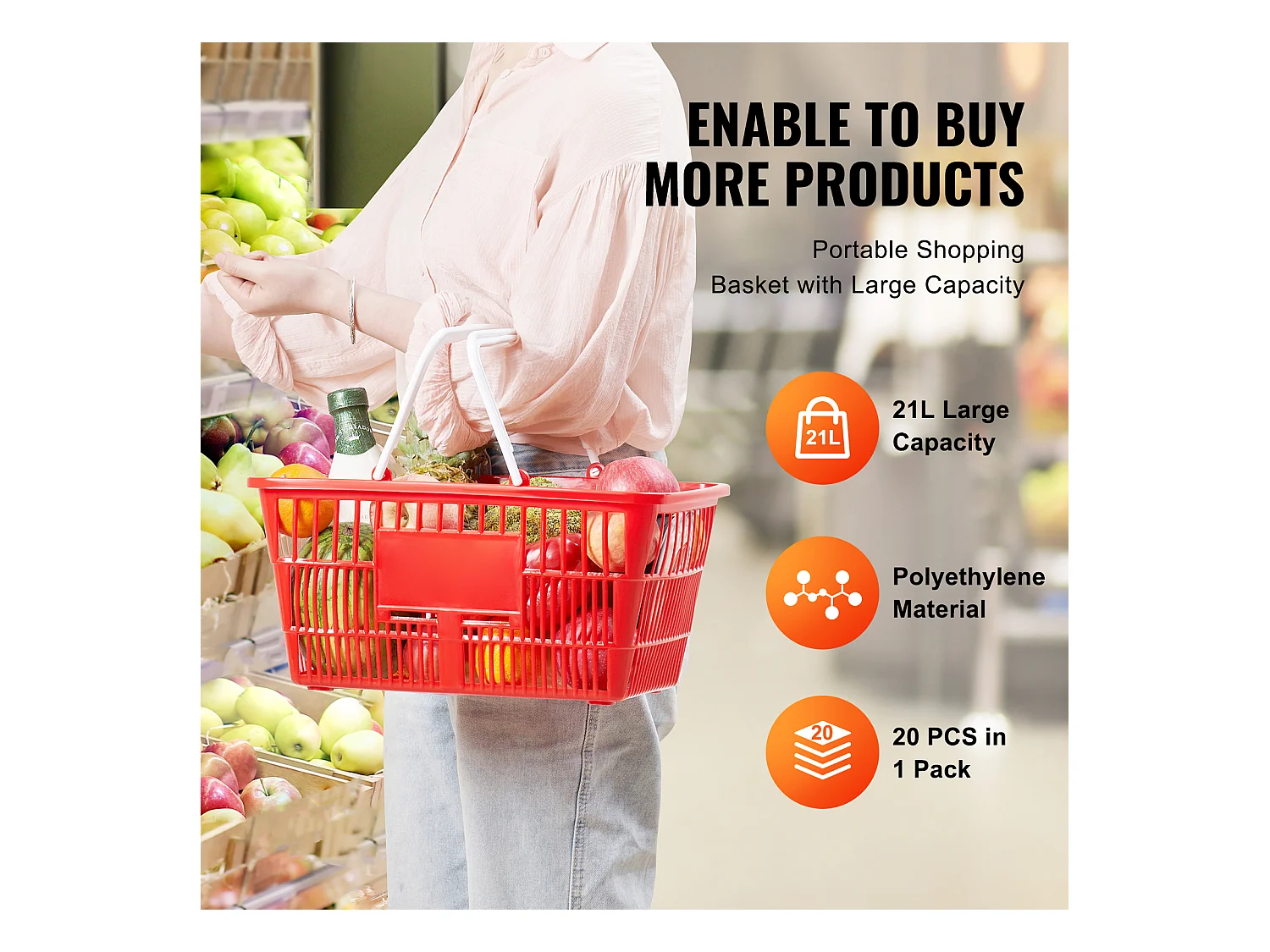 Panier à Provisions SucceBuy Portable, 20 Pièces, 21 L Rouge avec Poignée et Support