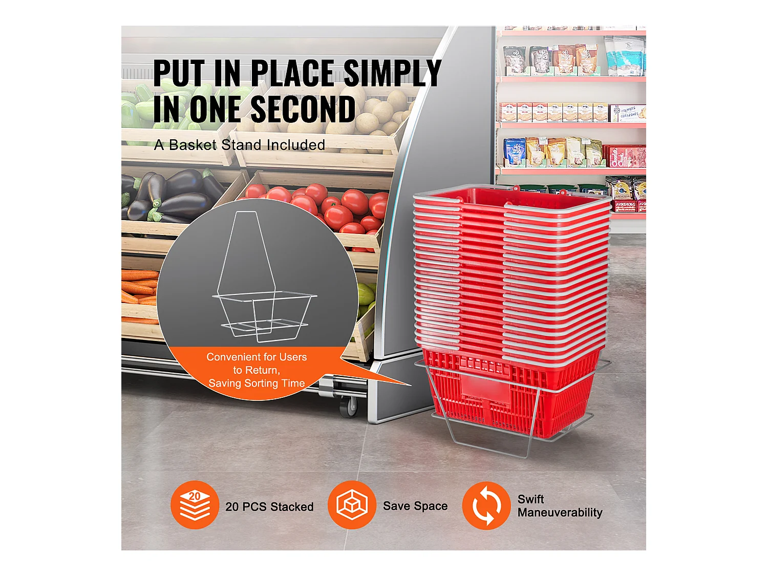 Panier à Provisions SucceBuy Portable, 20 Pièces, 21 L Rouge avec Poignée et Support