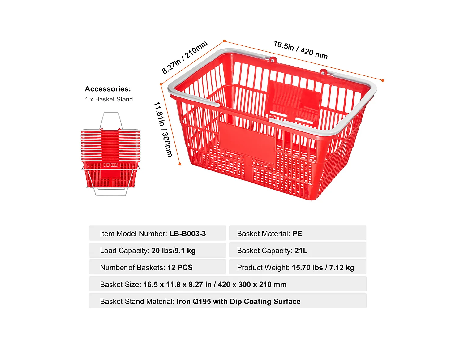 Paniers à Provisions SucceBuy, 12 Pièces, 21 L Rouge avec Poignée et Support