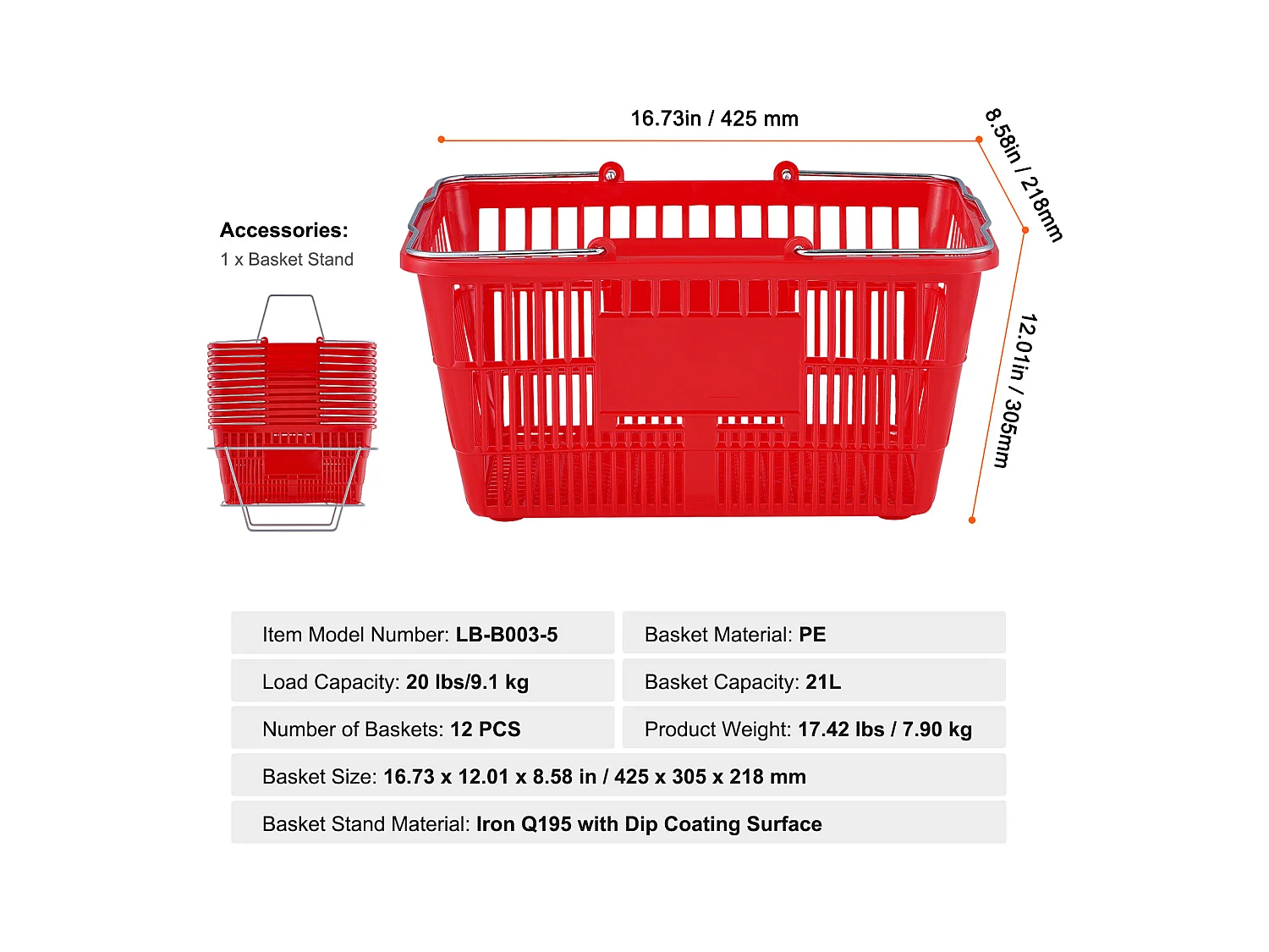 Voorraadkorbjes SucceBuy, 12 Stuk, 21 L Rood met Handgreep en Metaal Ondersteuning