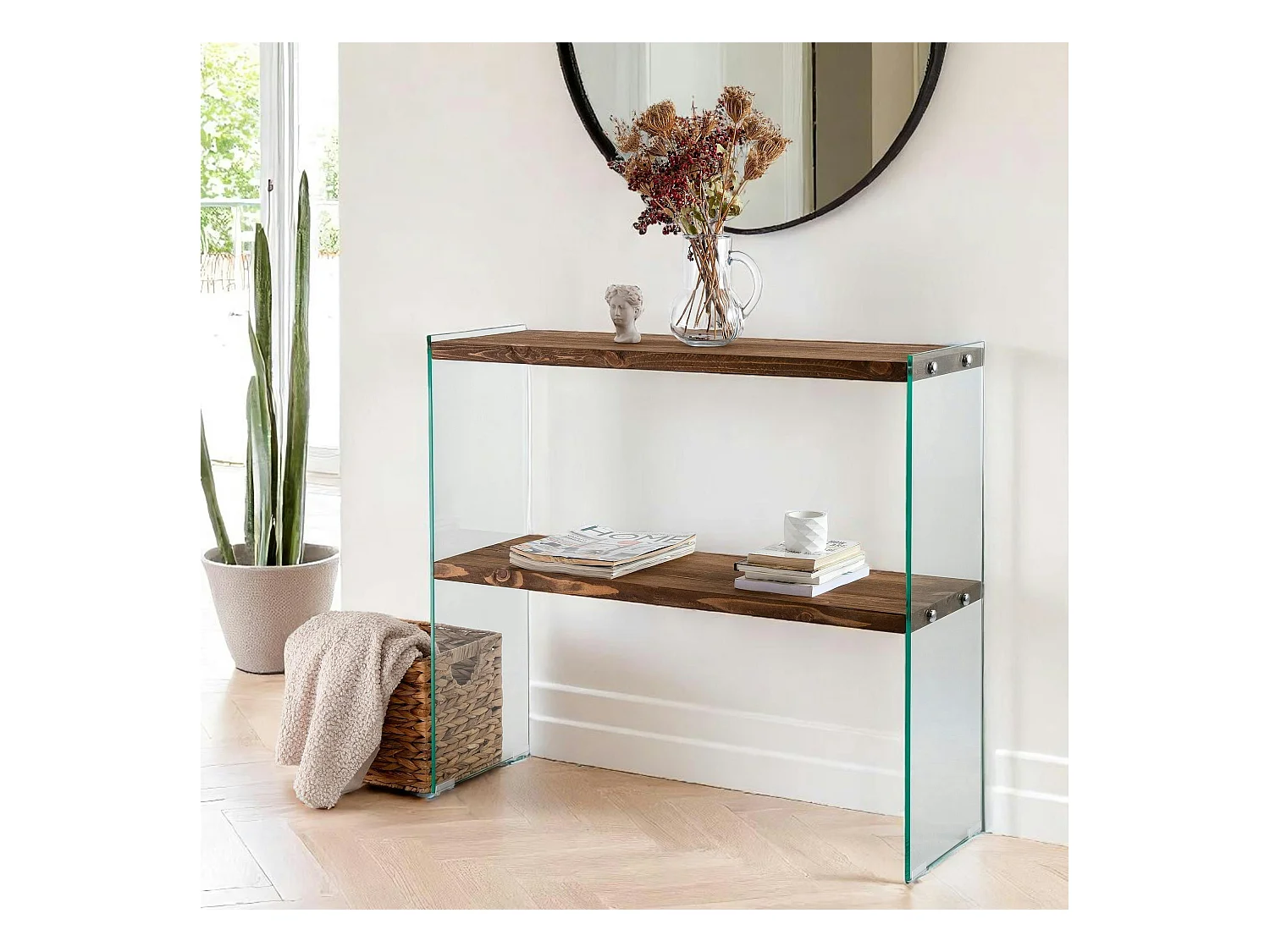Console d'entrée minimaliste bois brun et verre LHASA