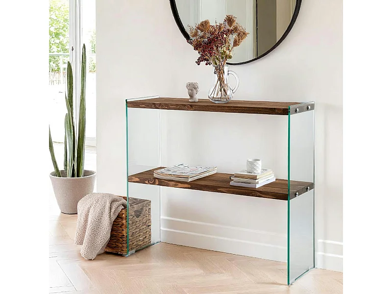 Console d'entrée minimaliste bois brun et verre LHASA