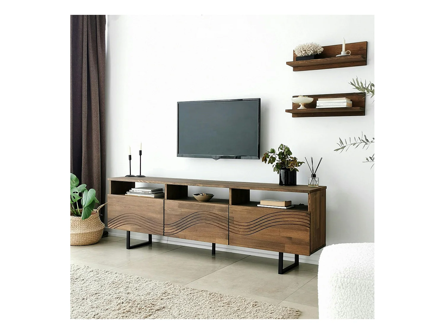 Meuble TV bois brun motif vague avec 2 étagères JACA