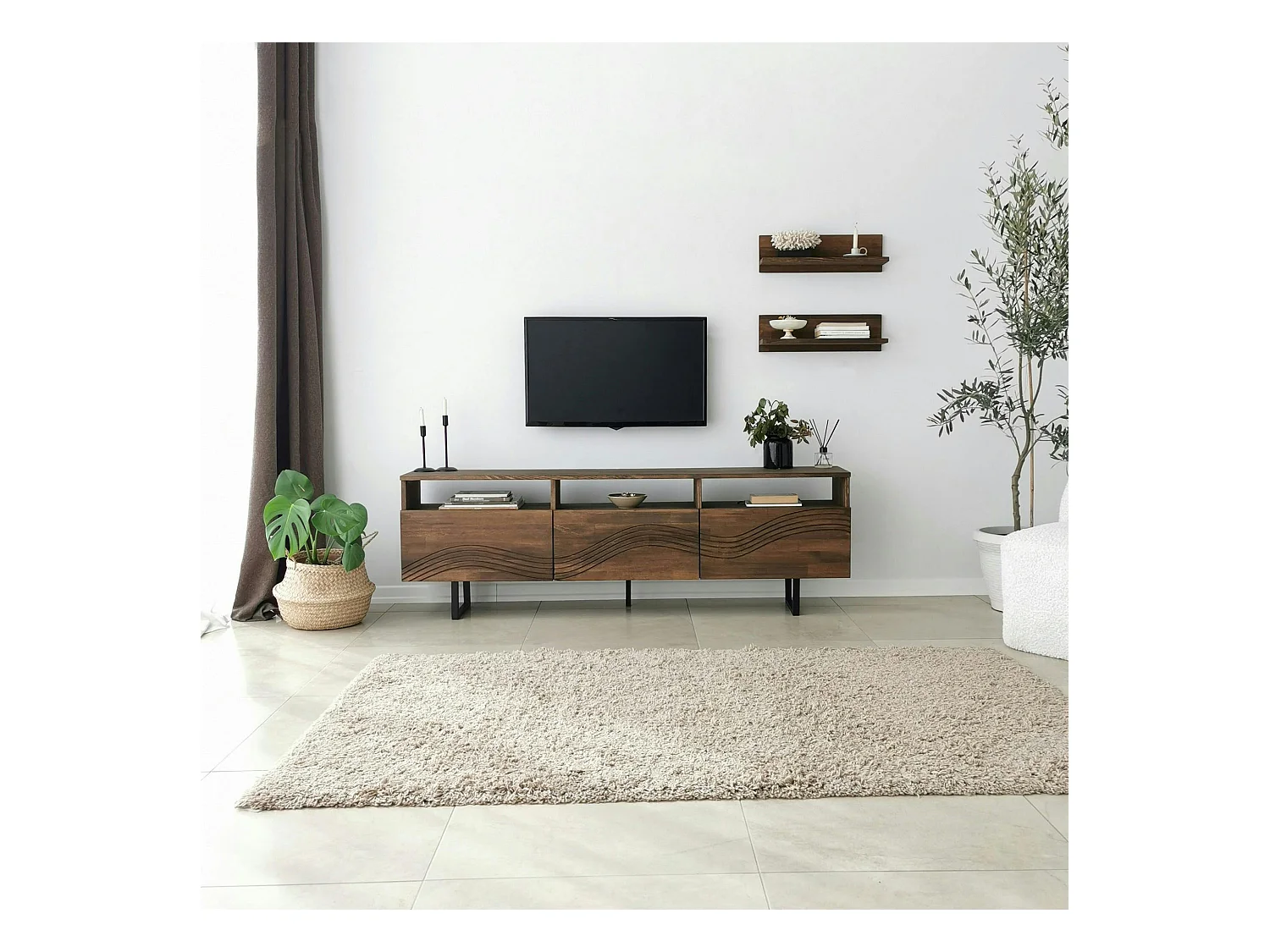 Meuble TV bois brun motif vague avec 2 étagères JACA