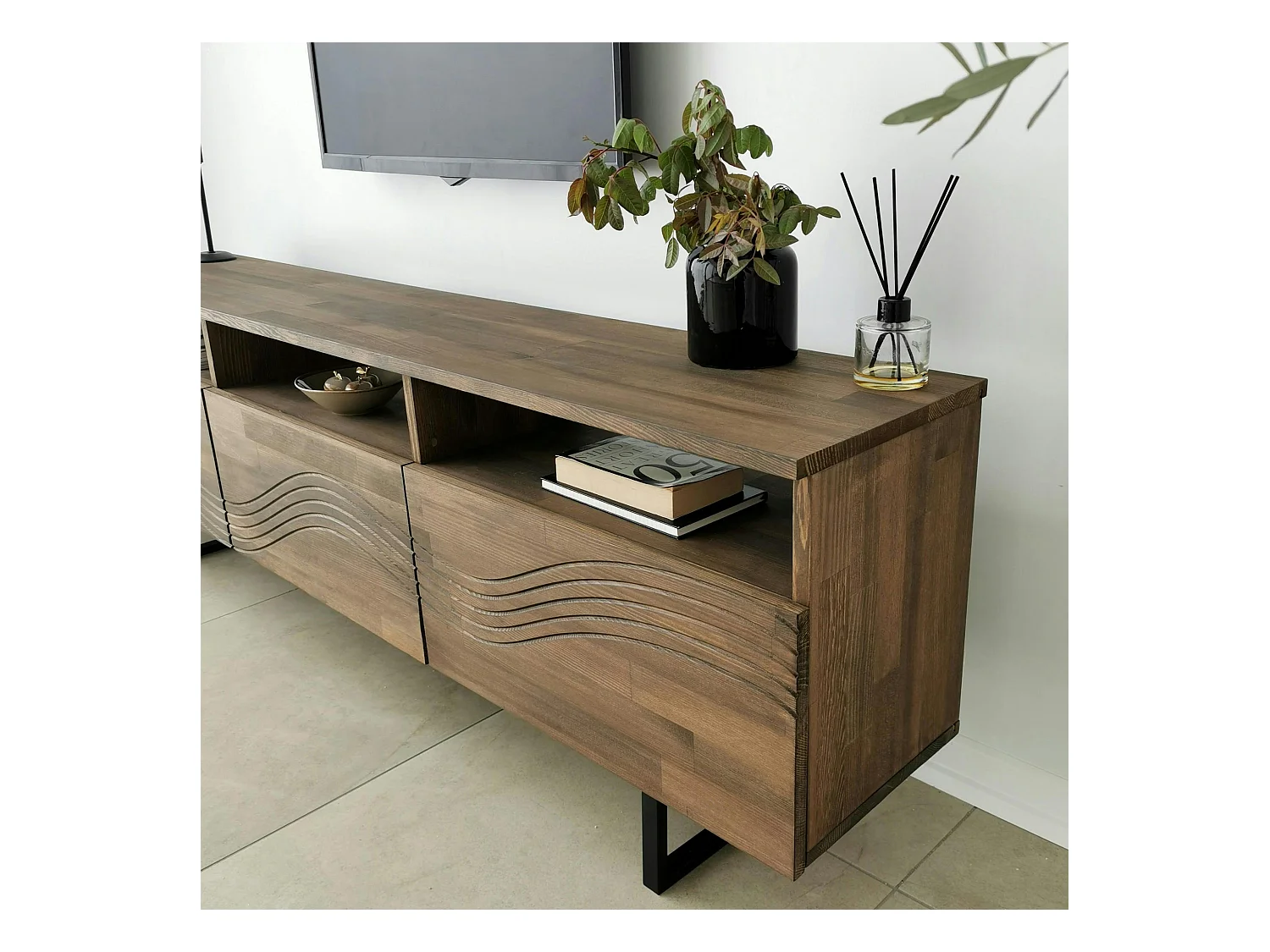 Meuble TV bois brun motif vague avec 2 étagères JACA