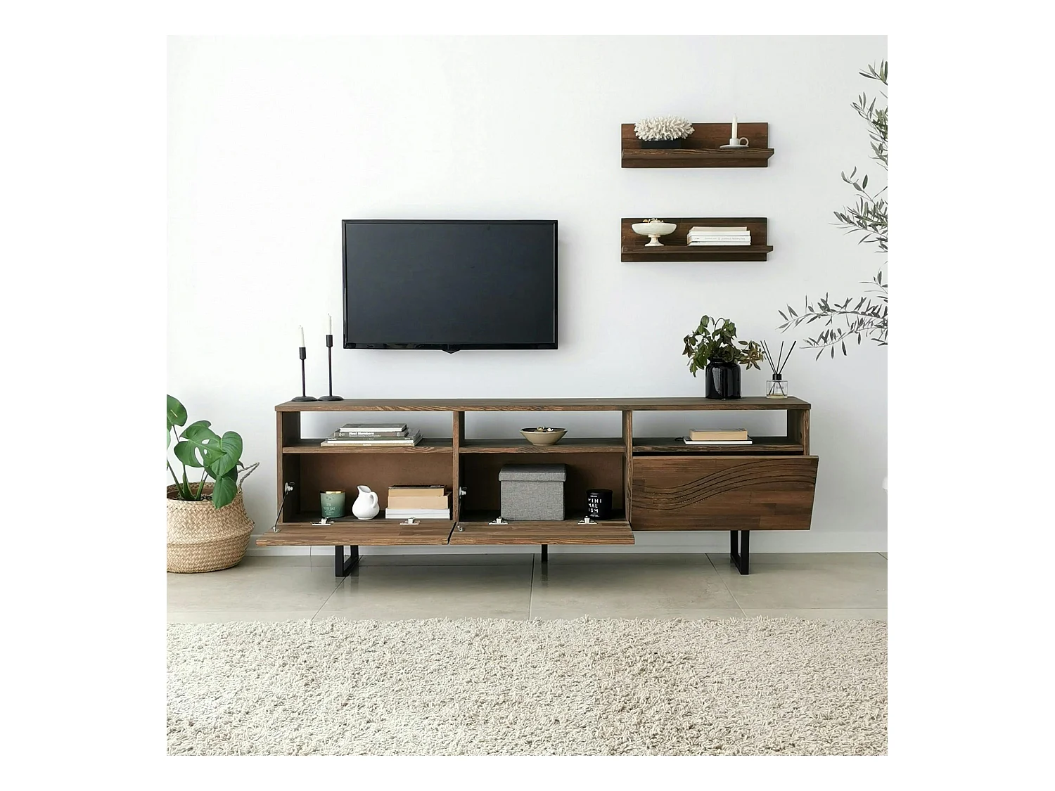 Meuble TV bois brun motif vague avec 2 étagères JACA