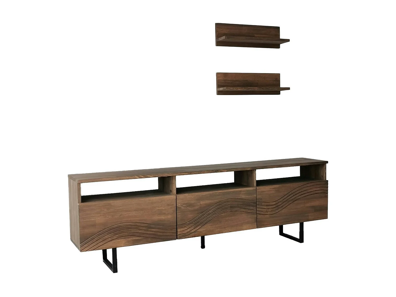 Meuble TV bois brun motif vague avec 2 étagères JACA