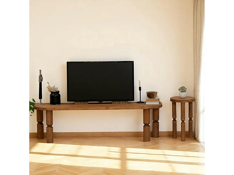 Banc TV en bois marron - pieds tournés, 140 cm BOMA