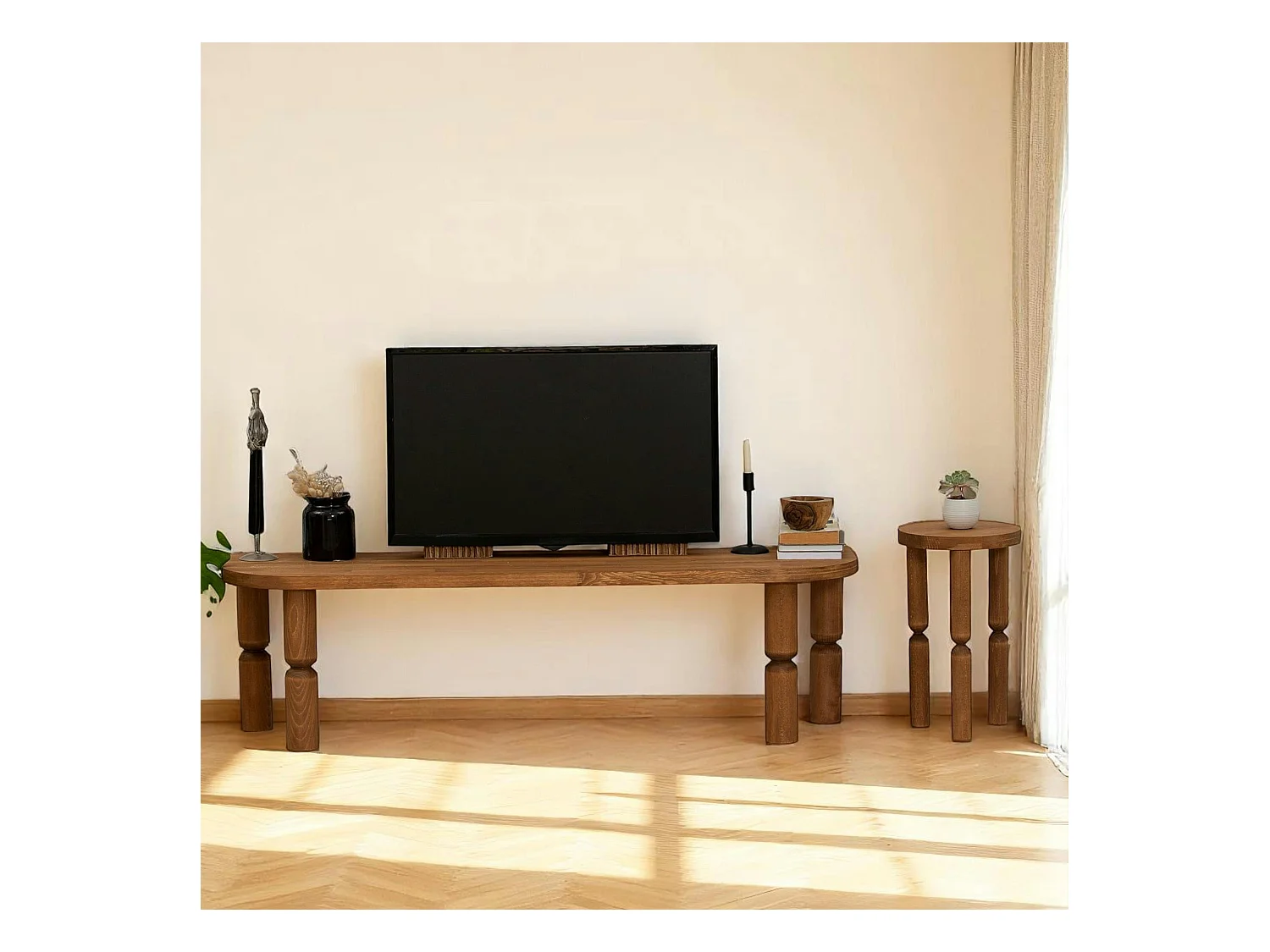 Banc TV en bois marron - pieds tournés, 140 cm BOMA