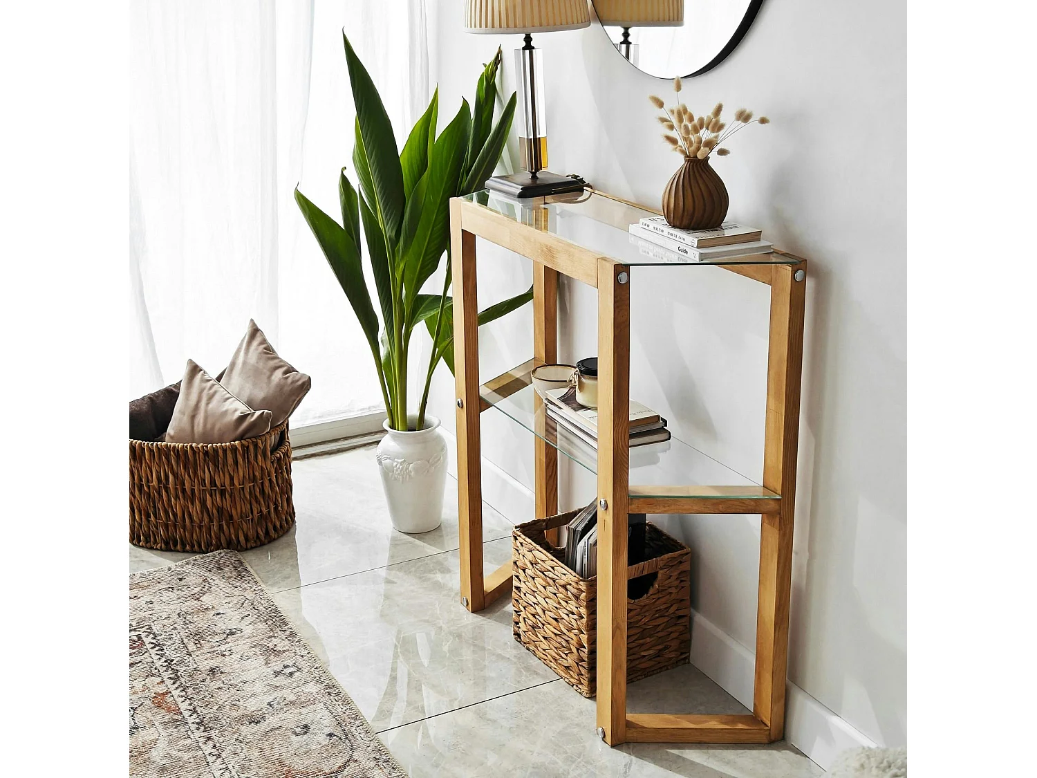 Console en verre et bois clair - 2 plateaux LHASA