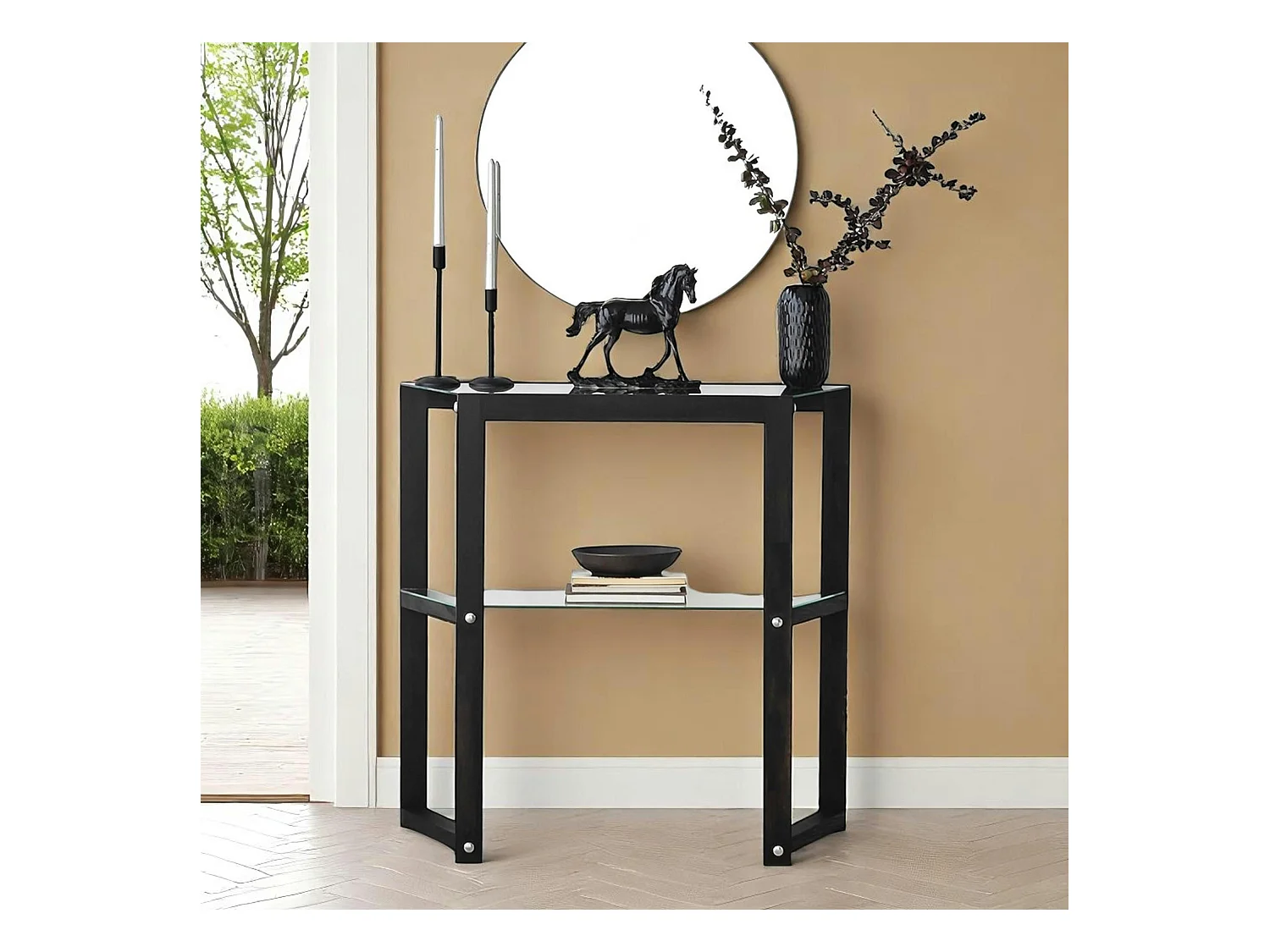 Console en verre et bois anthracite - 2 plateaux LHASA