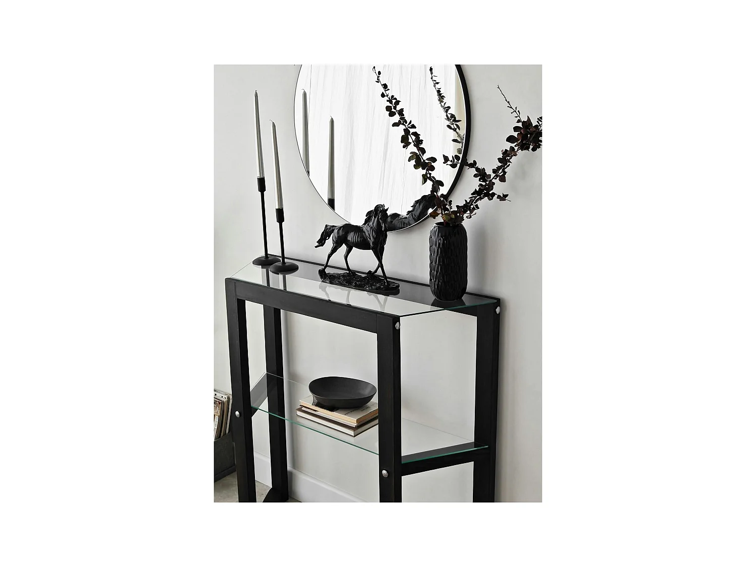 Console en verre et bois anthracite - 2 plateaux LHASA