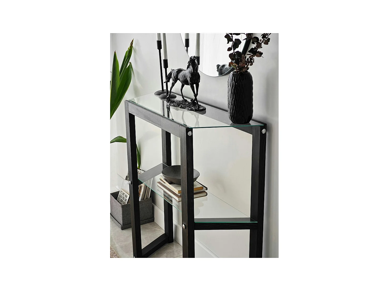 Console en verre et bois anthracite - 2 plateaux LHASA