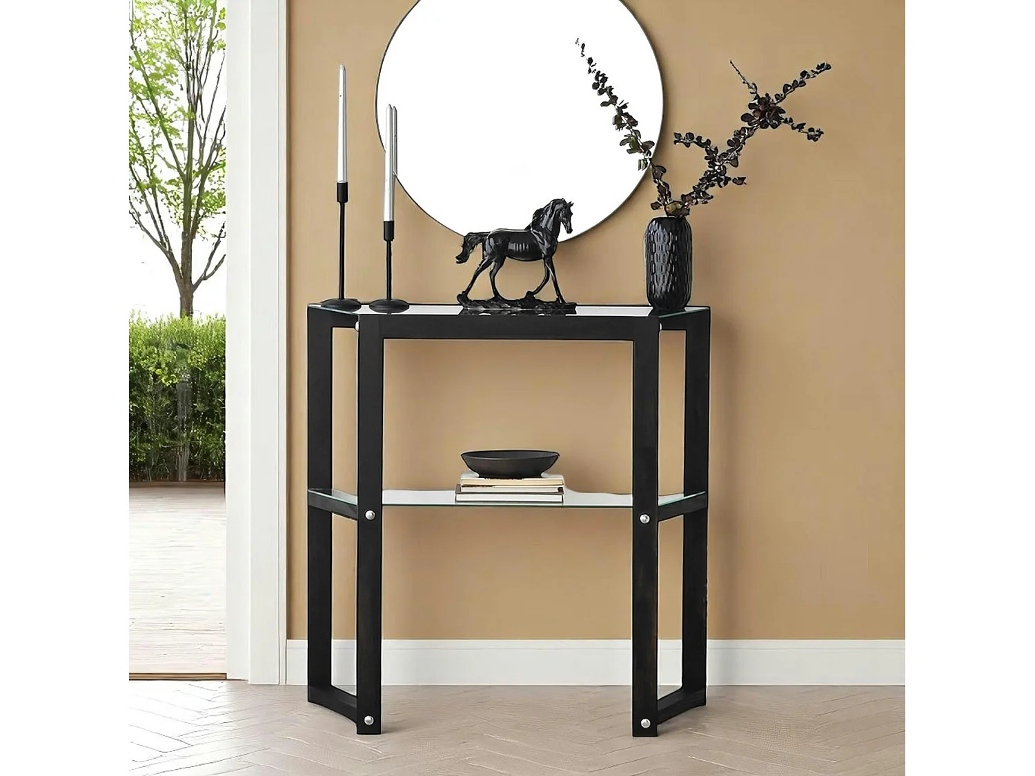 Console en verre et bois anthracite - 2 plateaux LHASA