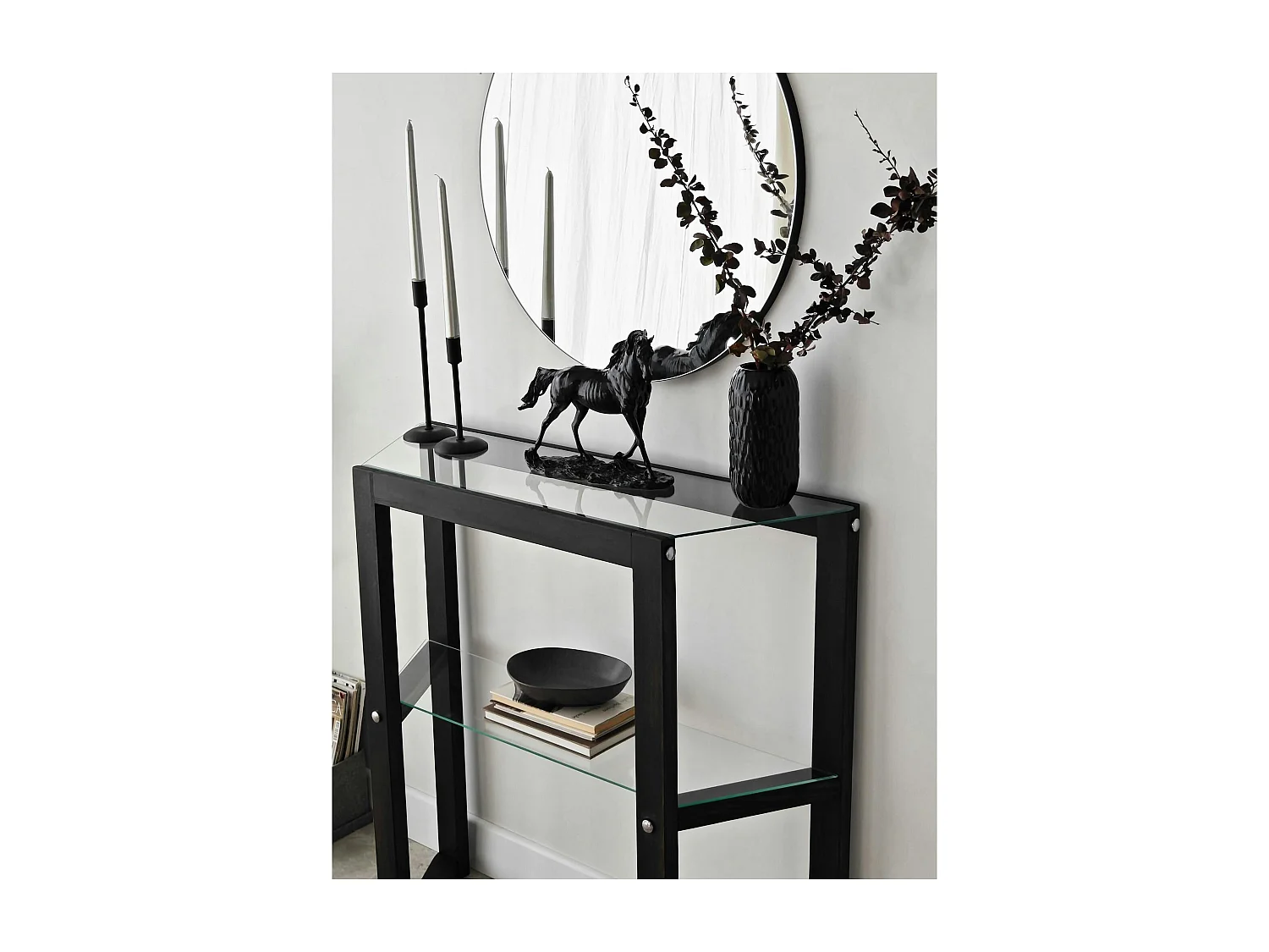 Console en verre et bois anthracite - 2 plateaux LHASA