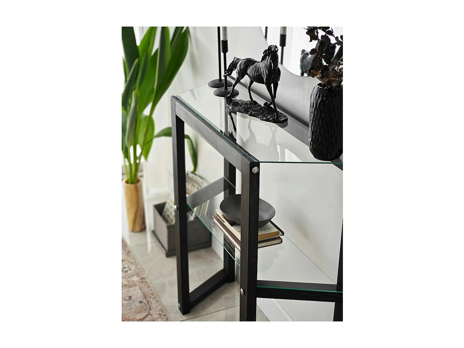 Console en verre et bois anthracite - 2 plateaux LHASA