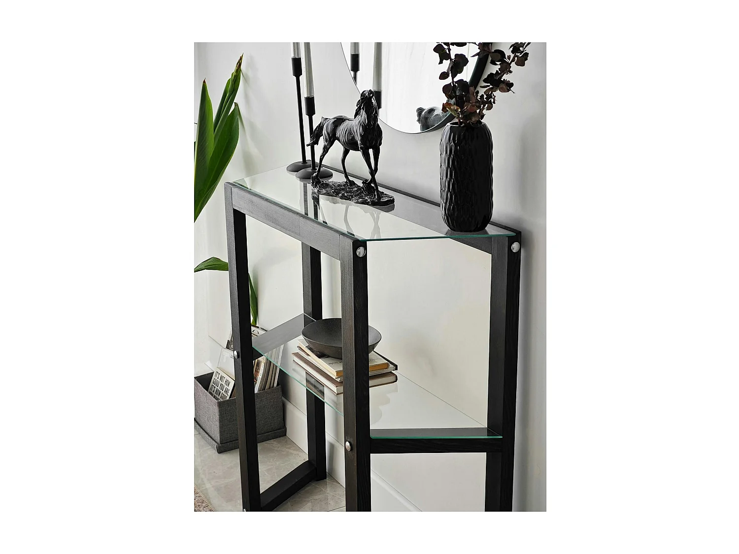 Console en verre et bois anthracite - 2 plateaux LHASA