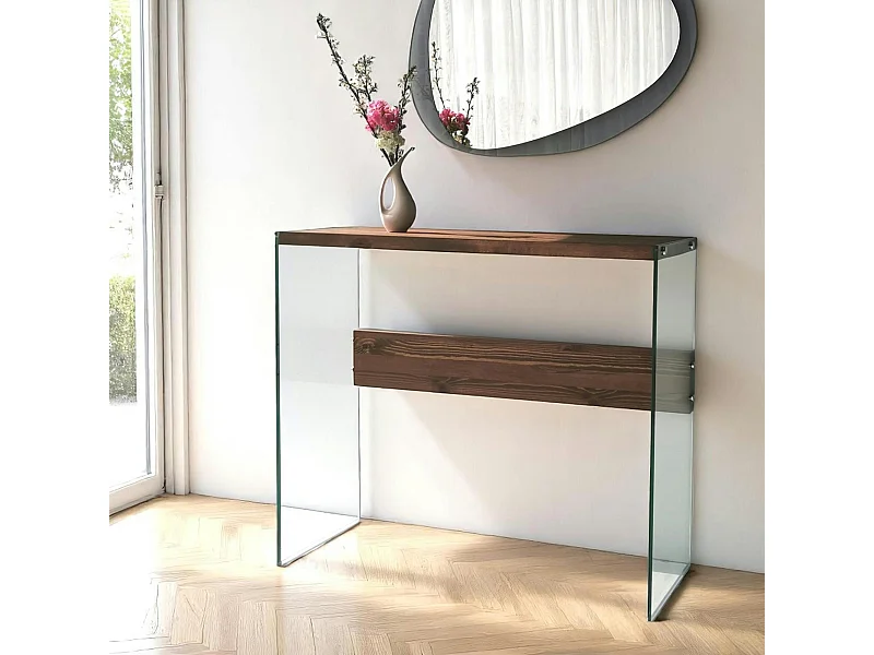 Console d'entrée minimaliste en verre et bois brun LHASA