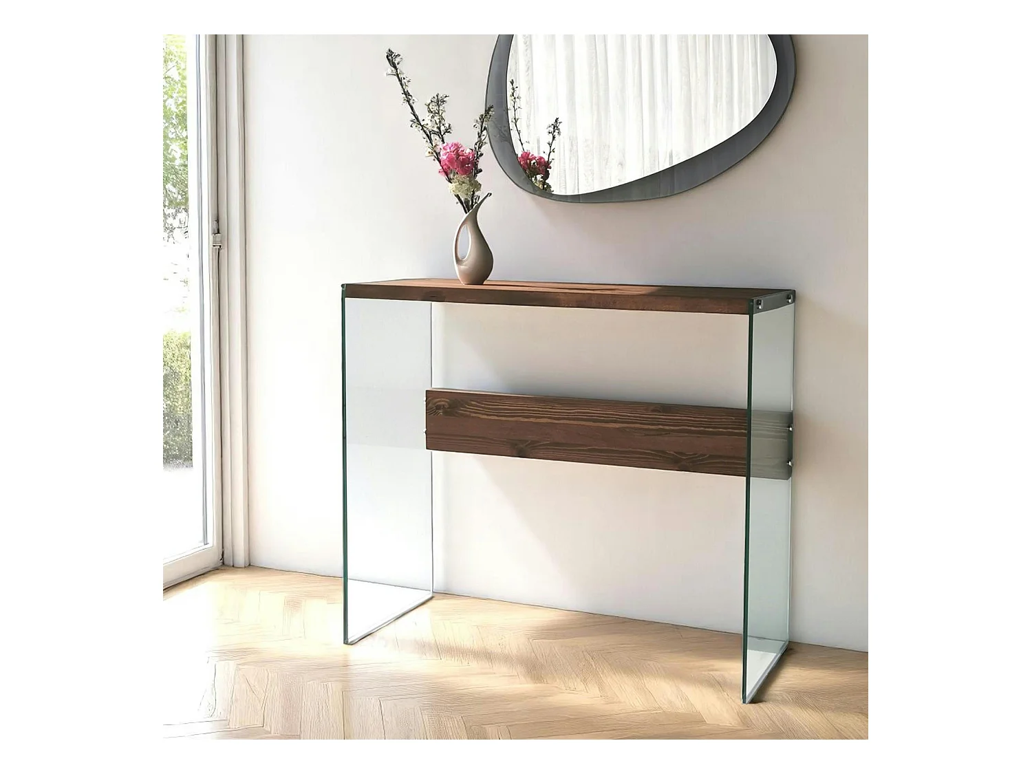 Console d'entrée minimaliste en verre et bois brun LHASA