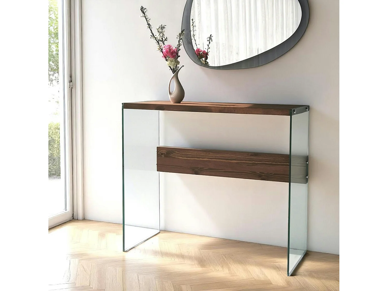 Console d'entrée minimaliste en verre et bois brun LHASA