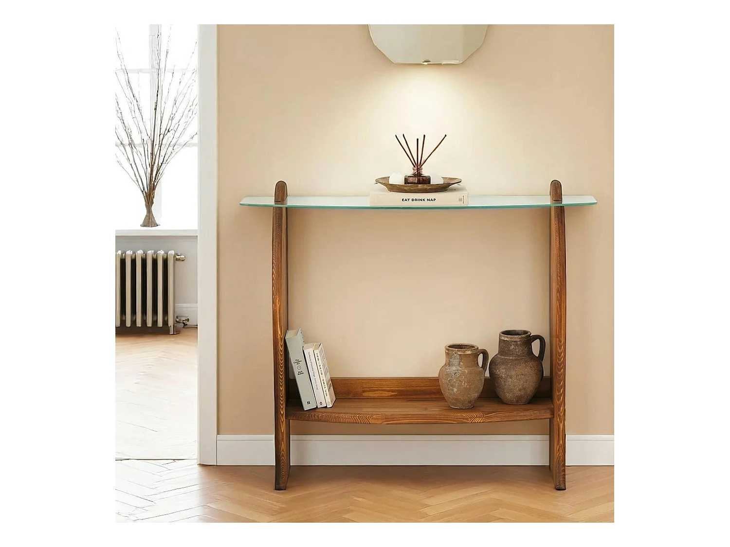 Console d'entrée vintage - bois brun, verre ANZIO