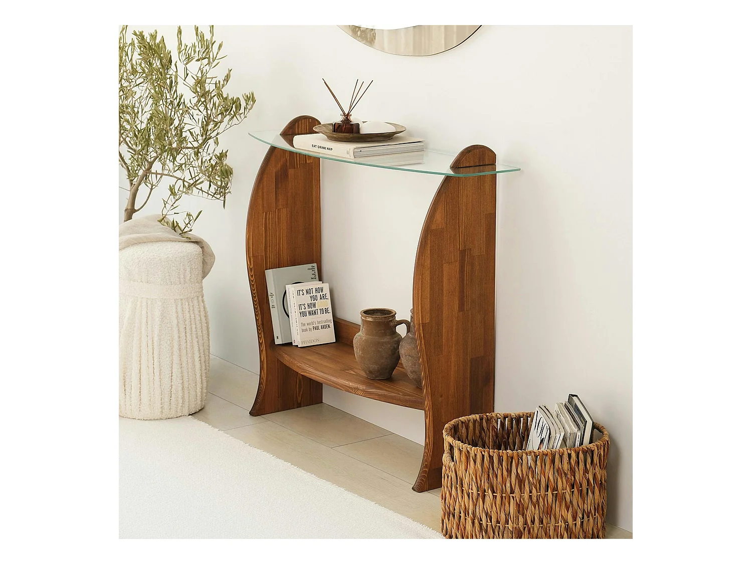 Console d'entrée vintage - bois brun, verre ANZIO