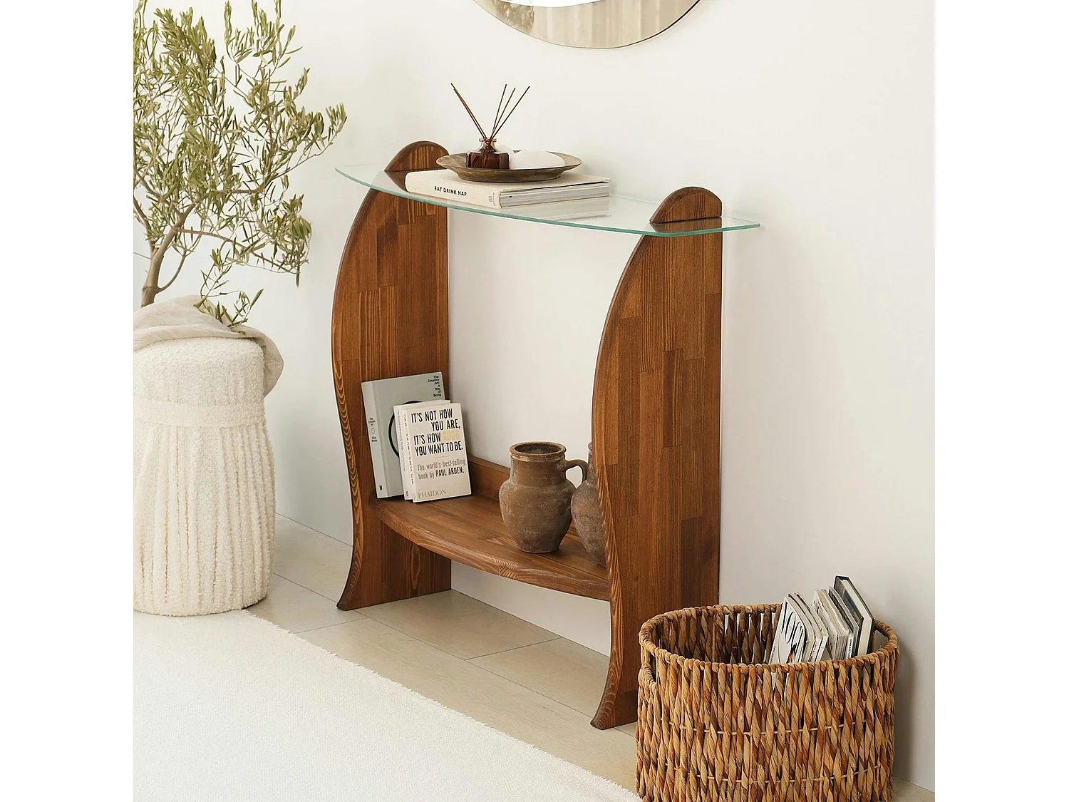 Console d'entrée vintage - bois brun, verre ANZIO