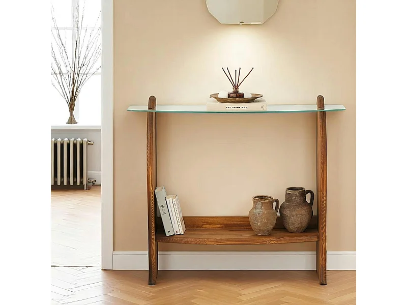 Console d'entrée vintage - bois brun, verre ANZIO