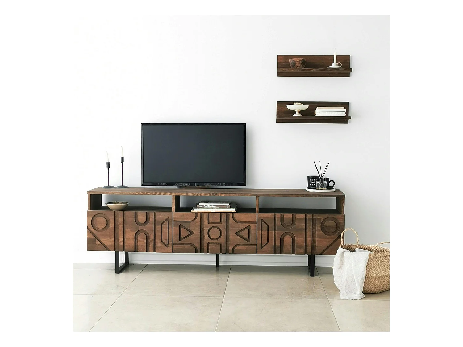 Meuble TV bois brun motif graphique avec 2 étagères JACA